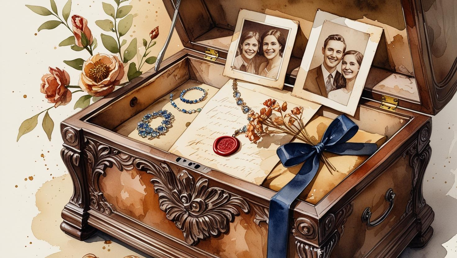 Watercolor illustration of an open heirloom chest filled with family artifacts, including antique jewelry, letters, and photographs. The design features warm browns and golds, with subtle accents of navy blue, crimson red, and earthy greens to evoke nostalgia and connection.
