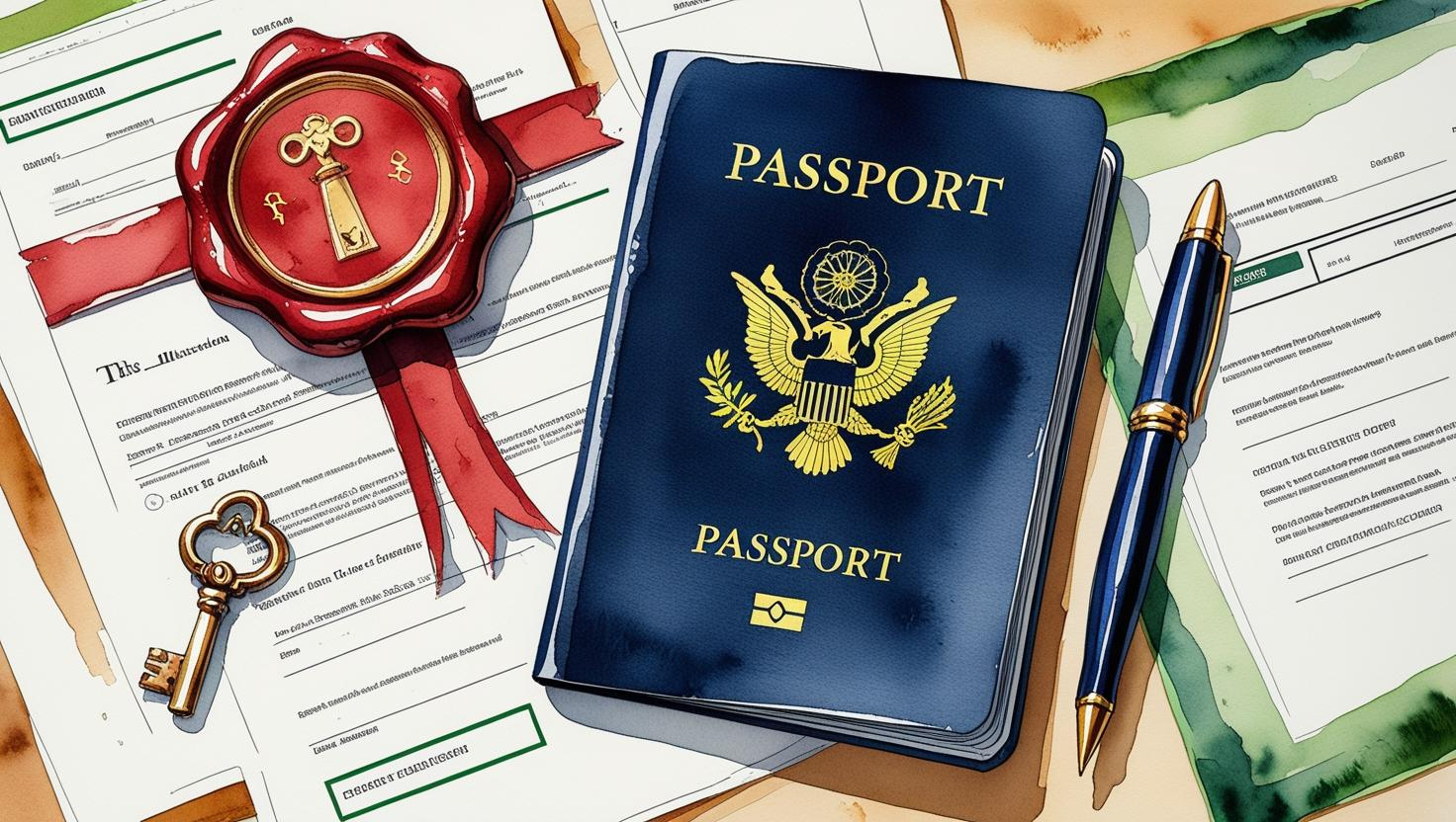 Watercolor illustration of a table spread with a navy blue passport, property deeds, legal documents, a crimson red wax seal, a pen, and a key. The design includes earthy green accents, symbolizing international estate planning and global connections.