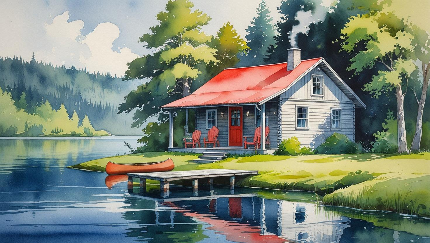 Watercolor illustration of a cozy family cabin with a crimson red roof by a tranquil navy blue lake, surrounded by lush green trees and a small wooden dock. Subtle details include a canoe by the dock and smoke rising from the chimney, evoking warmth, nostalgia, and family tradition.