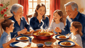 Watercolor illustration of a three-generational family gathered around a dinner table. Two grandparents with gray hair sit alongside their adult daughter and her three young children. The table is set with navy blue tableware, crimson red napkins, and a floral centerpiece, with steaming dishes and a handwritten recipe card nearby. The family is laughing and enjoying the meal together, creating a warm and nostalgic atmosphere that highlights the bond between generations and the joy of preserving family traditions.