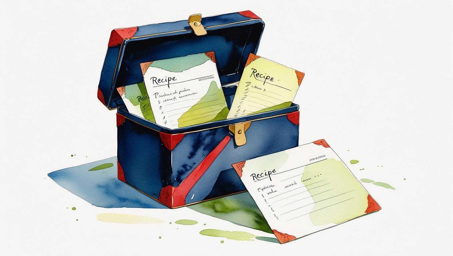 Family recipe estate planning. Watercolor illustration of an open recipe box with handwritten cards spilling out, featuring soft, blended edges and warm tones in navy blue, crimson red, and earthy greens.