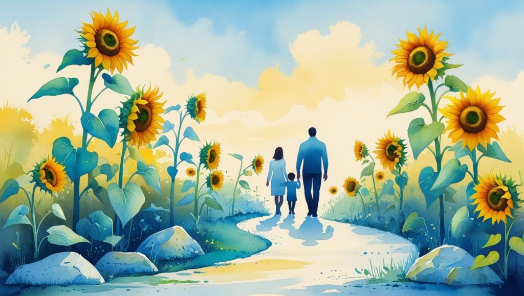 Family walking down a path with sunflowers beside the path.