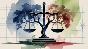 Watercolor illustration of balanced legal scales merging with trees, symbolizing stability and growth, representing estate planning for engineers in Missouri.