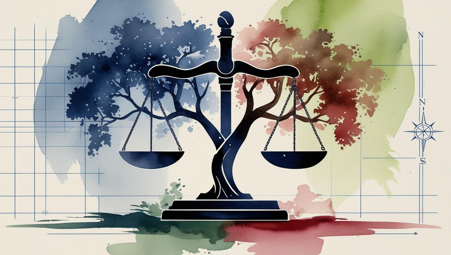 Watercolor illustration of balanced legal scales merging with trees, symbolizing stability and growth, representing estate planning for engineers in Missouri.