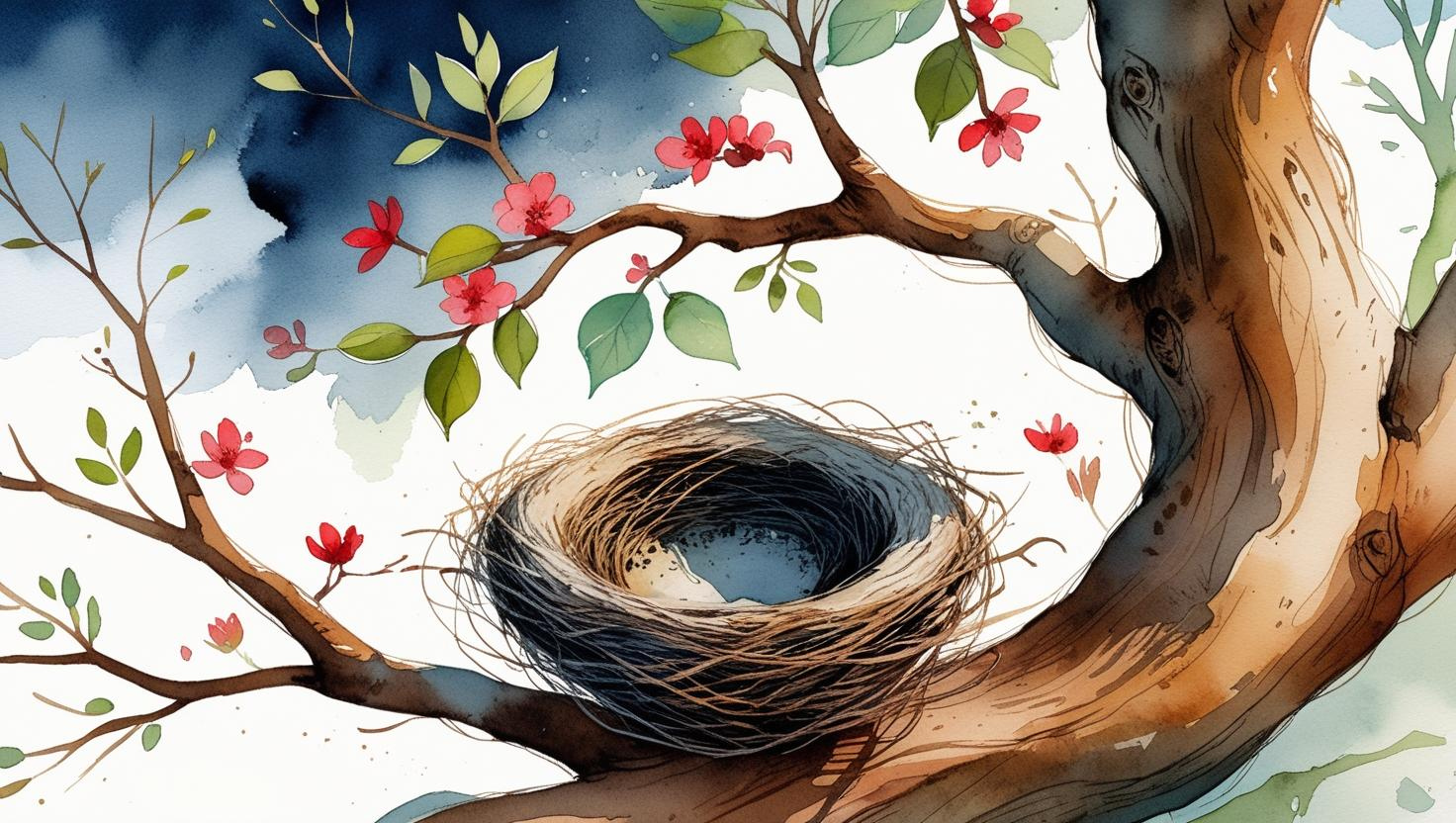 An empty bird’s nest resting on a tree branch with blossoms and green leaves, symbolizing transition and new beginnings. Estate planning for empty nesters in Missouri.