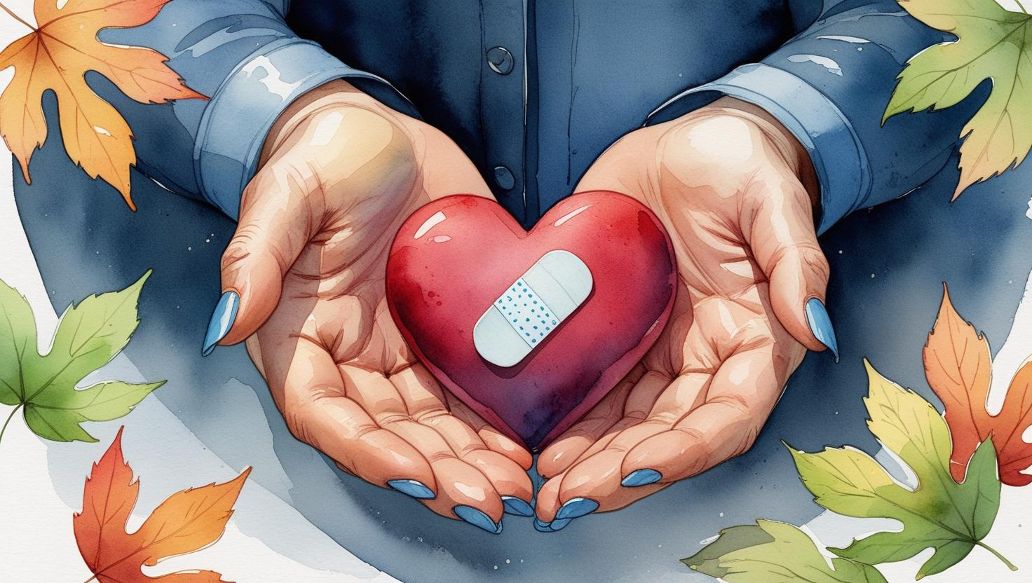 Hands gently holding a red heart with a bandage across it, surrounded by autumn leaves, symbolizing healing and care. Estate planning after a health scare in Missouri.