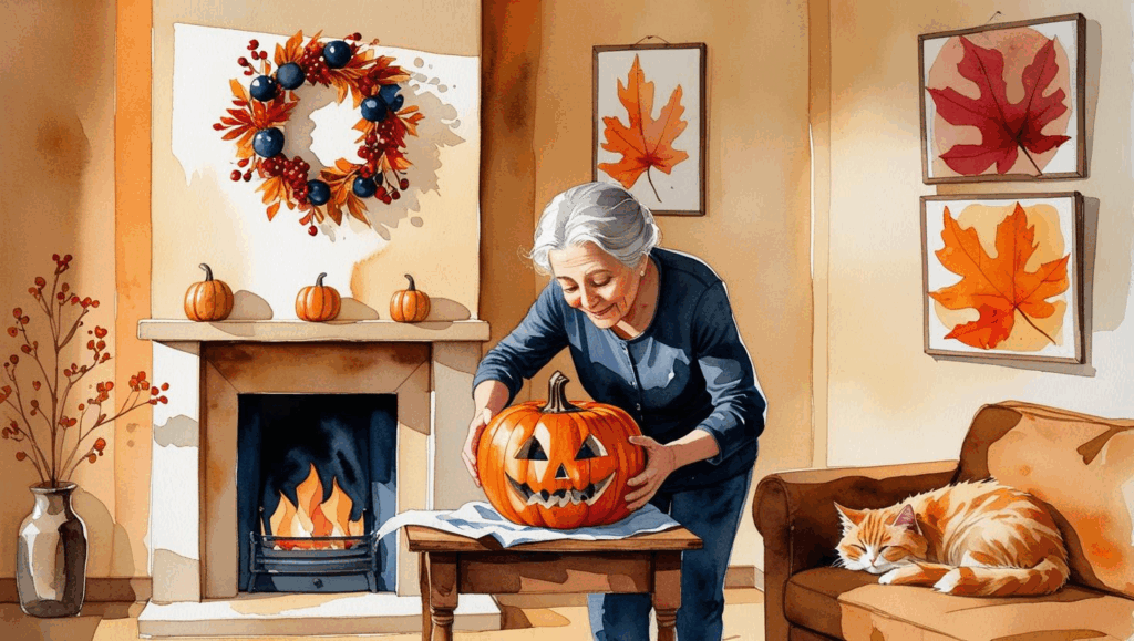 An elderly woman smiling as she sets a carved pumpkin on a table beside a cozy fireplace, with autumn leaves and a cat nearby, creating a warm holiday atmosphere. How to avoid probate in Missouri before the holidays.