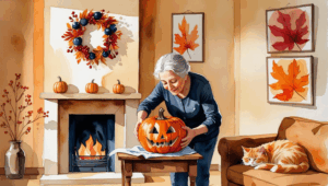 An elderly woman smiling as she sets a carved pumpkin on a table beside a cozy fireplace, with autumn leaves and a cat nearby, creating a warm holiday atmosphere. How to avoid probate in Missouri before the holidays.