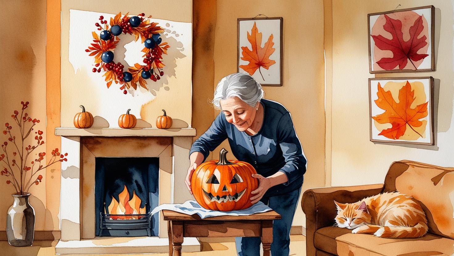 An elderly woman smiling as she sets a carved pumpkin on a table beside a cozy fireplace, with autumn leaves and a cat nearby, creating a warm holiday atmosphere. How to avoid probate in Missouri before the holidays.