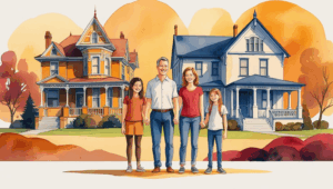 A blended family of four—two parents and two children—stand smiling together in front of two houses with autumn trees in the background, symbolizing unity and estate planning for families. Estate Planning for Blended Families in Missouri.