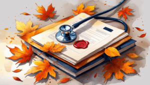 Watercolor illustration of a stethoscope resting on estate planning documents with a red wax seal, stacked books, and autumn leaves scattered around. Symbolizes physicians preparing legal and financial plans before year-end. Estate planning for doctors in Missouri.