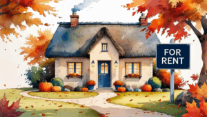 Charming house with a thatched roof decorated for autumn, pumpkins on the lawn, and a ‘For Rent’ sign displayed in front. Estate planning for rental property owners in Missouri.