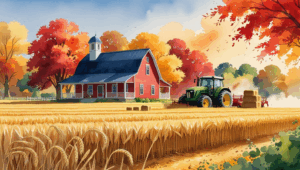 A red barn and green tractor harvesting golden wheat in Missouri during fall, surrounded by colorful trees. estate planning for farmers in Missouri.