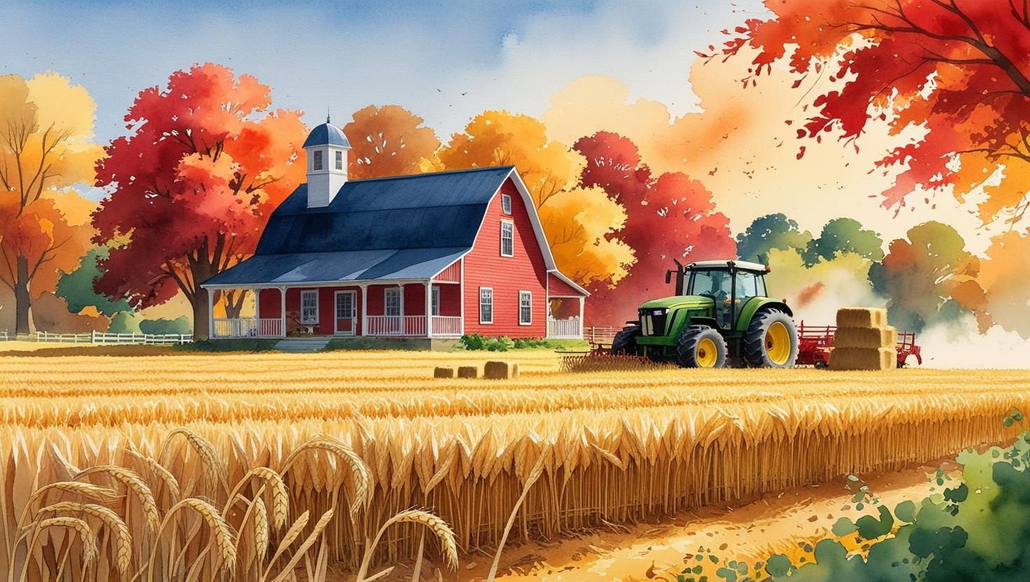 A red barn and green tractor harvesting golden wheat in Missouri during fall, surrounded by colorful trees. estate planning for farmers in Missouri.
