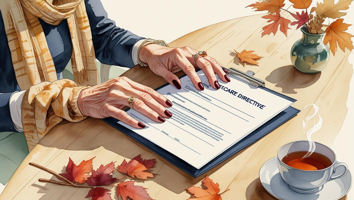 A woman reviews and signs a healthcare directive document on a clipboard, surrounded by autumn leaves and a cup of tea on the table. How to create a healthcare directive in Missouri.