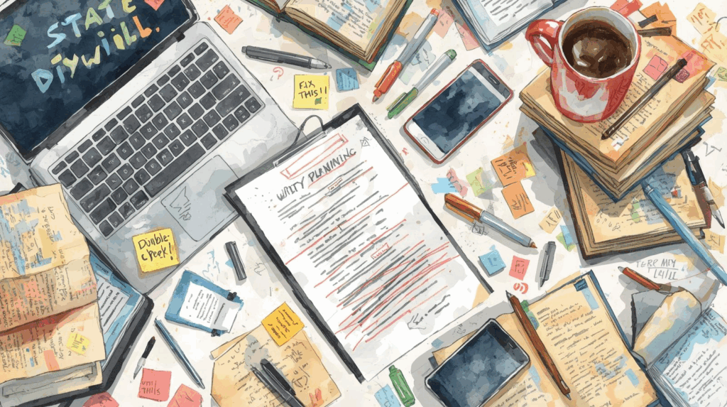 A cluttered desk filled with books, notes, sticky reminders, pens, a laptop showing “State DIY Will,” and a messy estate planning document. The chaotic scene highlights the risks and confusion of do-it-yourself wills. Are DIY wills legal in Missouri?
