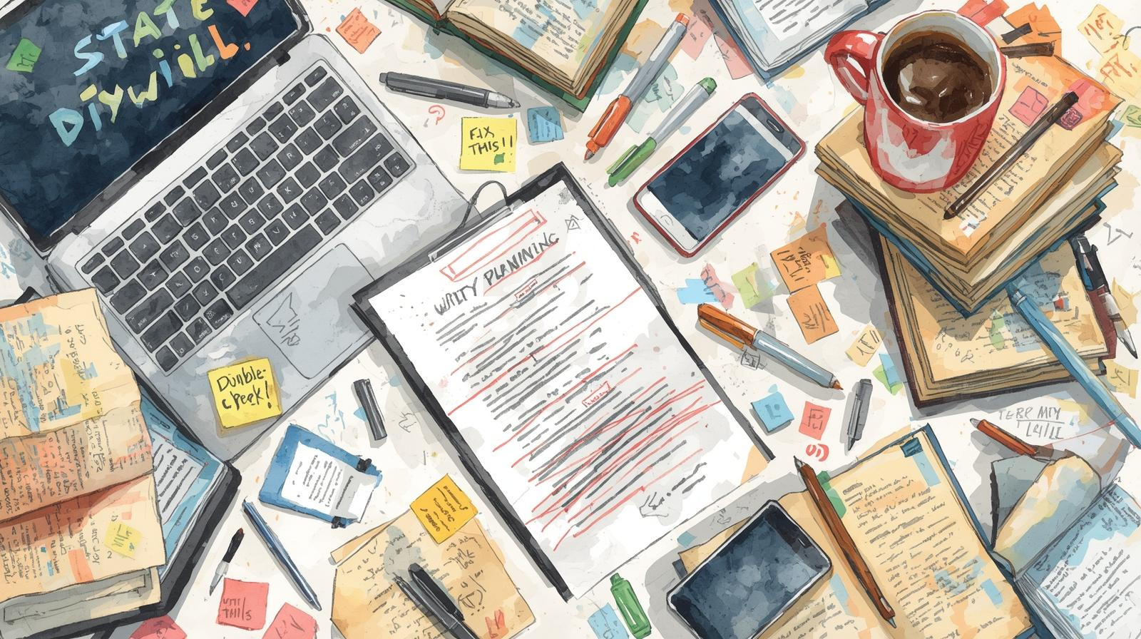 A cluttered desk filled with books, notes, sticky reminders, pens, a laptop showing “State DIY Will,” and a messy estate planning document. The chaotic scene highlights the risks and confusion of do-it-yourself wills. Are DIY wills legal in Missouri?