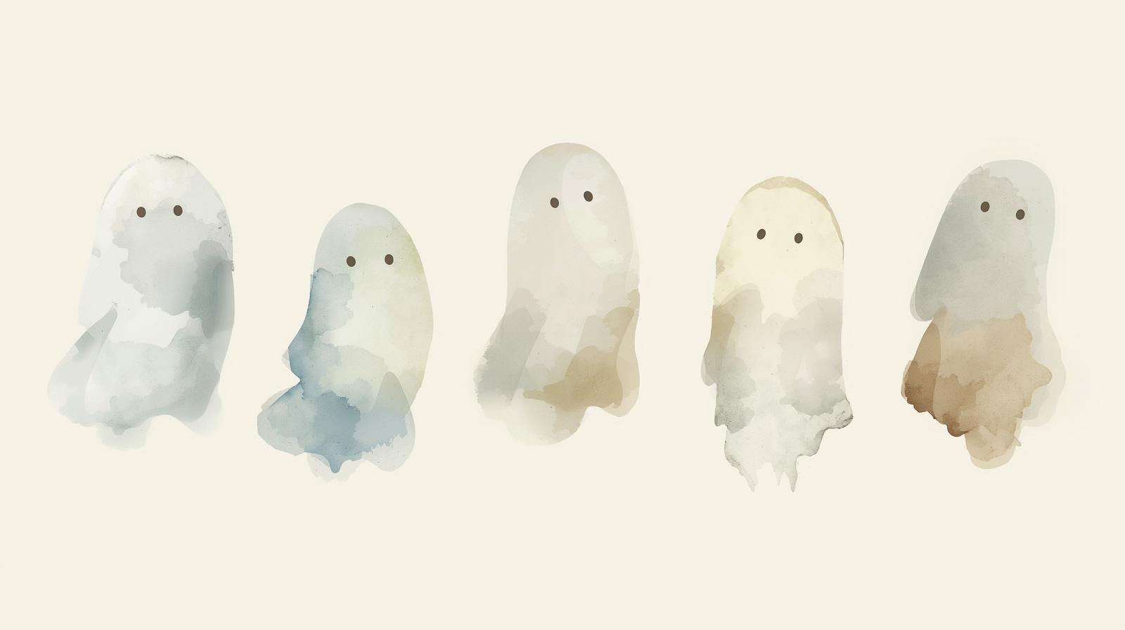 Watercolor illustration of five simple ghost figures in soft shades of gray, blue, and beige, lined up in a row with small dark eyes on a cream background. Common estate planning mistakes in Missouri.