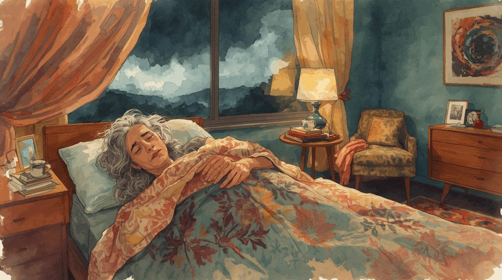 Watercolor illustration of an elderly woman peacefully resting in bed at night, with a cozy quilt, warm lighting, and a calm but stormy sky outside the window. The bedroom includes books, family photos, and a lamp on a wooden nightstand, creating a reflective, emotional atmosphere about legacy and planning. How to avoid probate.