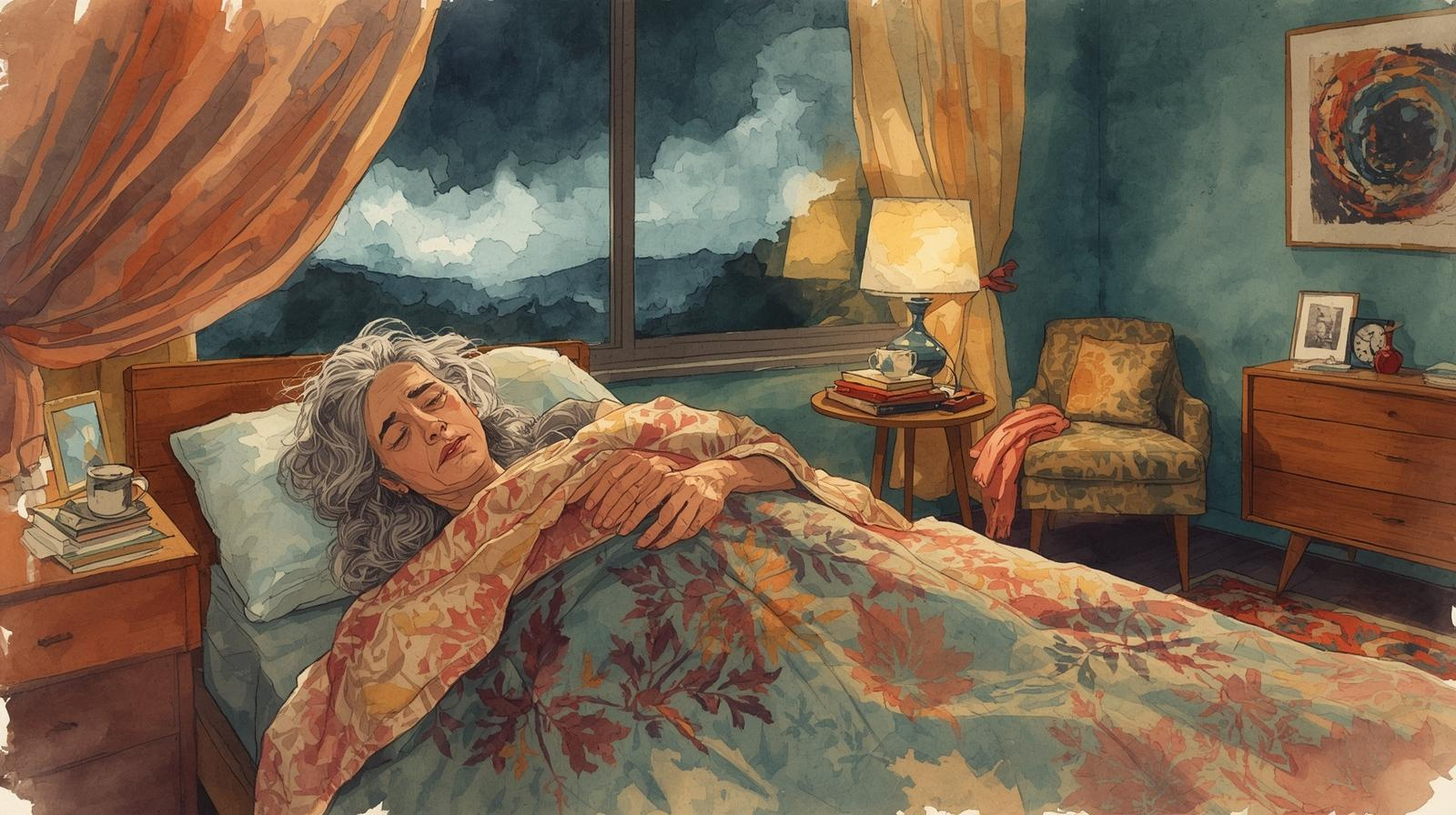 Watercolor illustration of an elderly woman peacefully resting in bed at night, with a cozy quilt, warm lighting, and a calm but stormy sky outside the window. The bedroom includes books, family photos, and a lamp on a wooden nightstand, creating a reflective, emotional atmosphere about legacy and planning. How to avoid probate.