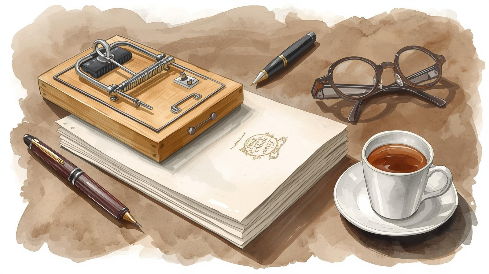 Watercolor illustration of a wooden mousetrap resting on legal documents beside a fountain pen, glasses, and a cup of coffee, symbolizing financial pitfalls and careful planning. Minimize estate taxes.