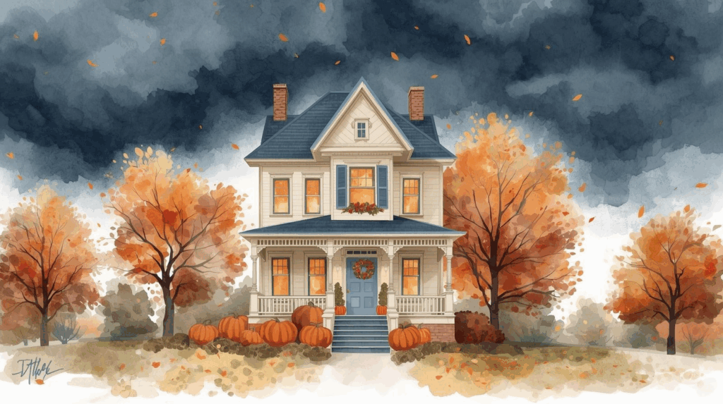 Watercolor illustration of a cozy white house surrounded by autumn trees and pumpkins under a dark, stormy sky — symbolizing family tensions and inheritance planning in Missouri. Inheritance disputes can often arise when families fail to plan ahead.