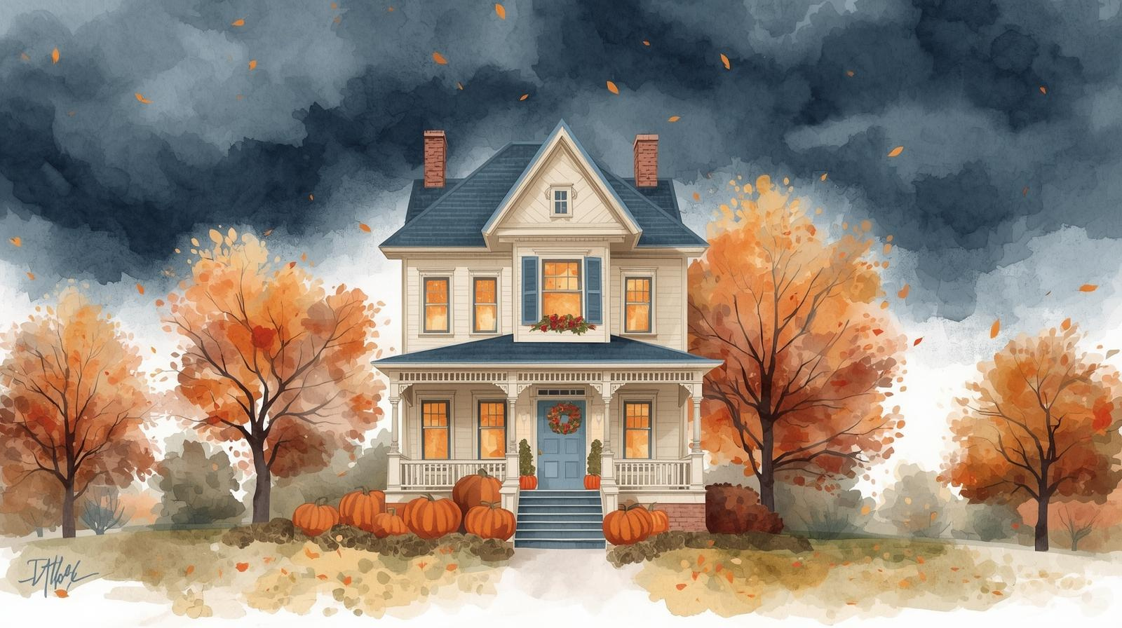 Watercolor illustration of a cozy white house surrounded by autumn trees and pumpkins under a dark, stormy sky — symbolizing family tensions and inheritance planning in Missouri. Inheritance disputes can often arise when families fail to plan ahead.
