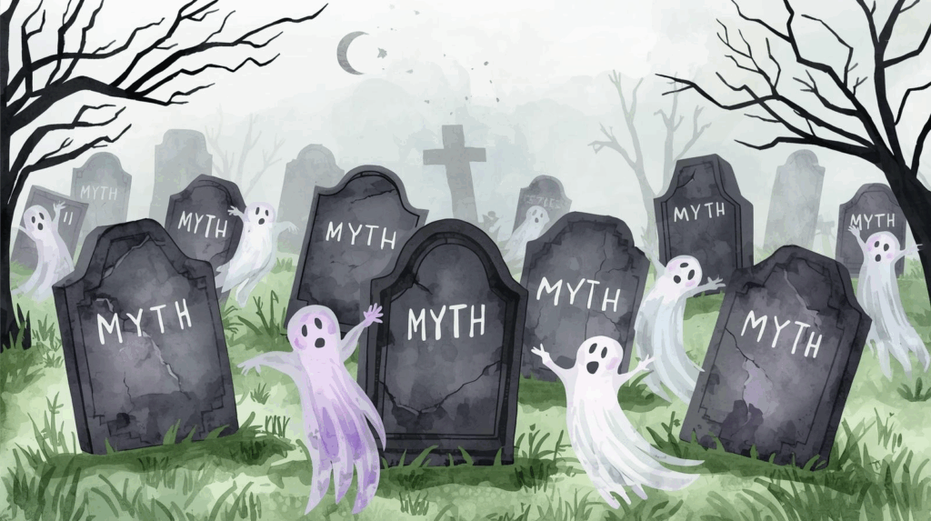 A spooky watercolor graveyard scene with cracked tombstones labeled “MYTH” and friendly cartoon ghosts floating among them on a foggy night. Estate planning myths.