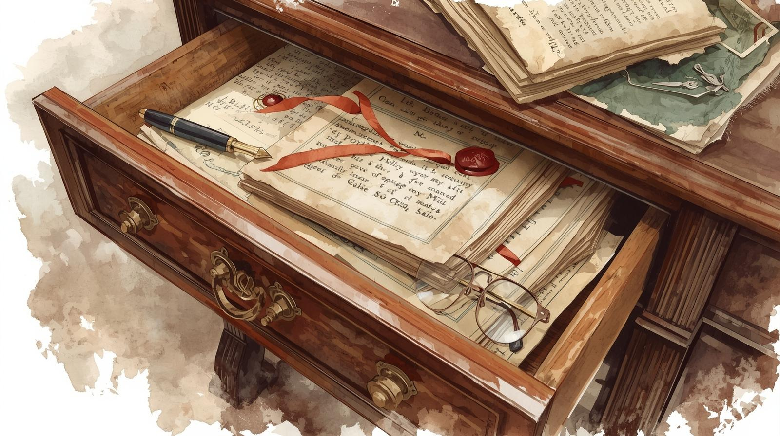 A watercolor illustration of an antique wooden desk drawer filled with old legal documents, sealed with red wax ribbons, a fountain pen, and reading glasses resting on top — symbolizing forgotten or outdated estate plans kept in storage. Outdated plan.