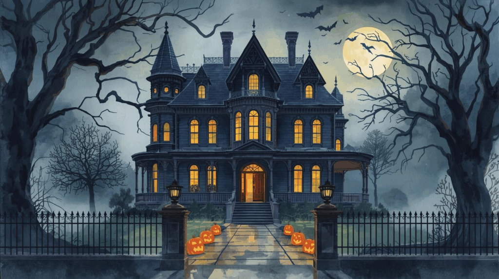 Watercolor illustration of a spooky Victorian mansion at night, with glowing windows, carved pumpkins lining the walkway, leafless trees, iron fencing, and bats flying in front of a full moon. The atmosphere is eerie and Halloween-themed. Estate planning mistakes.