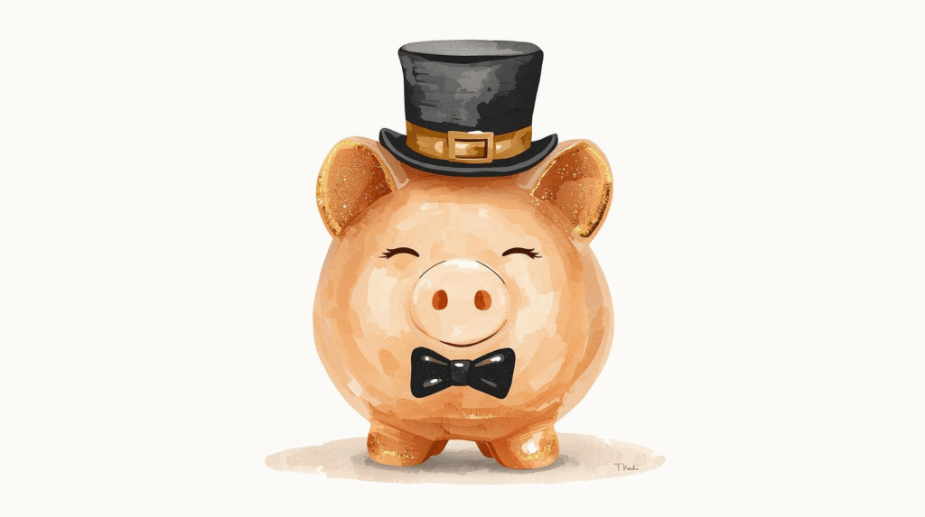 Watercolor illustration of a smiling piggy bank wearing a black top hat and bow tie, with subtle gold accents and a clean beige background. Estate planning for single parents in Missouri.