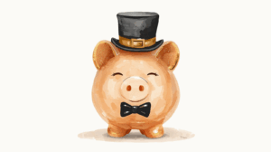 Watercolor illustration of a smiling piggy bank wearing a black top hat and bow tie, with subtle gold accents and a clean beige background. Estate planning for single parents in Missouri.
