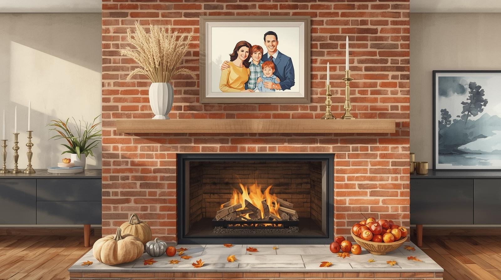 A warm watercolor-style scene featuring a cozy brick fireplace with autumn décor, pumpkins, apples, and fall leaves, and a framed family portrait displayed above the mantel, symbolizing family, tradition, and legacy. How to create a will in Missouri.