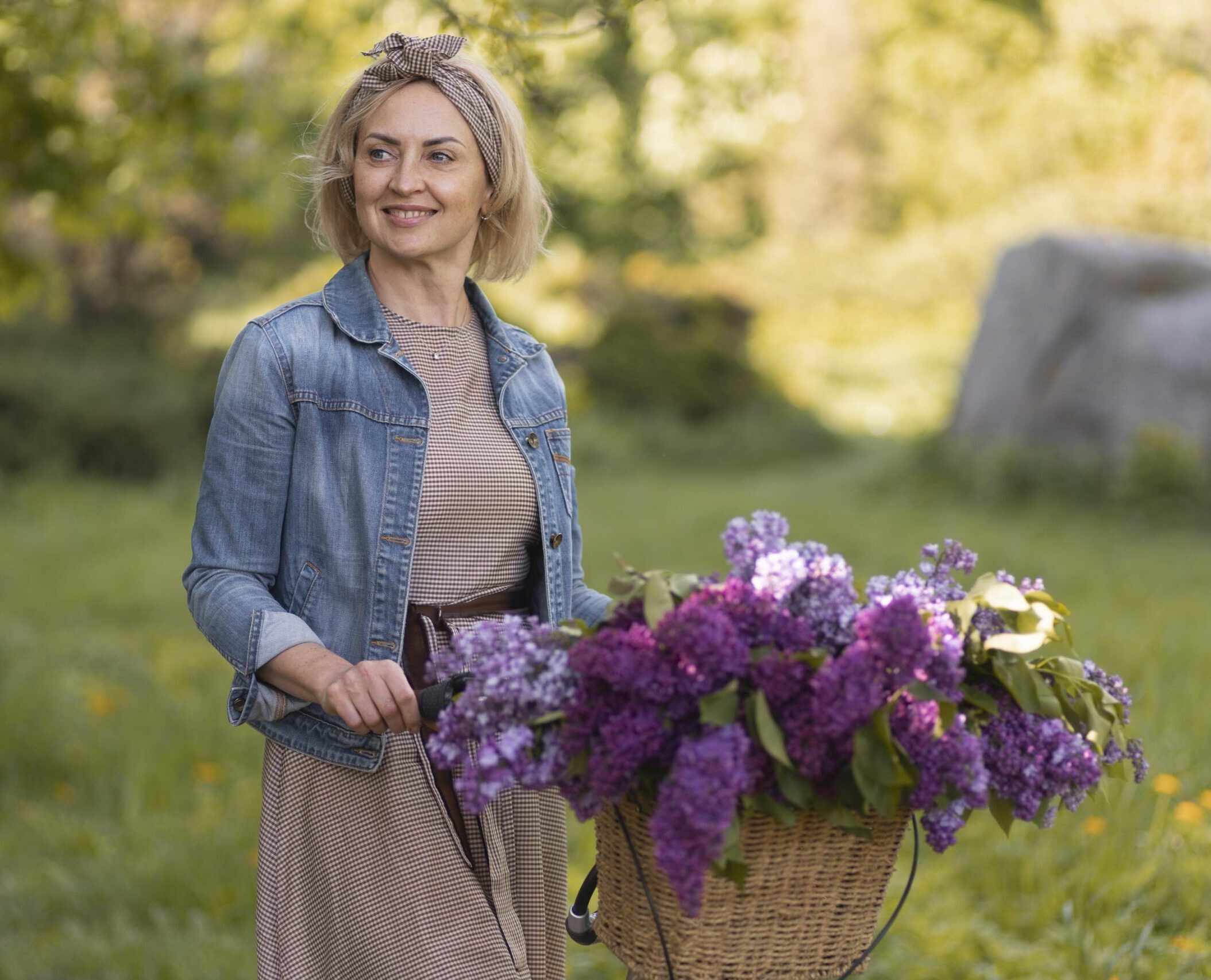 Happy woman with flowers.