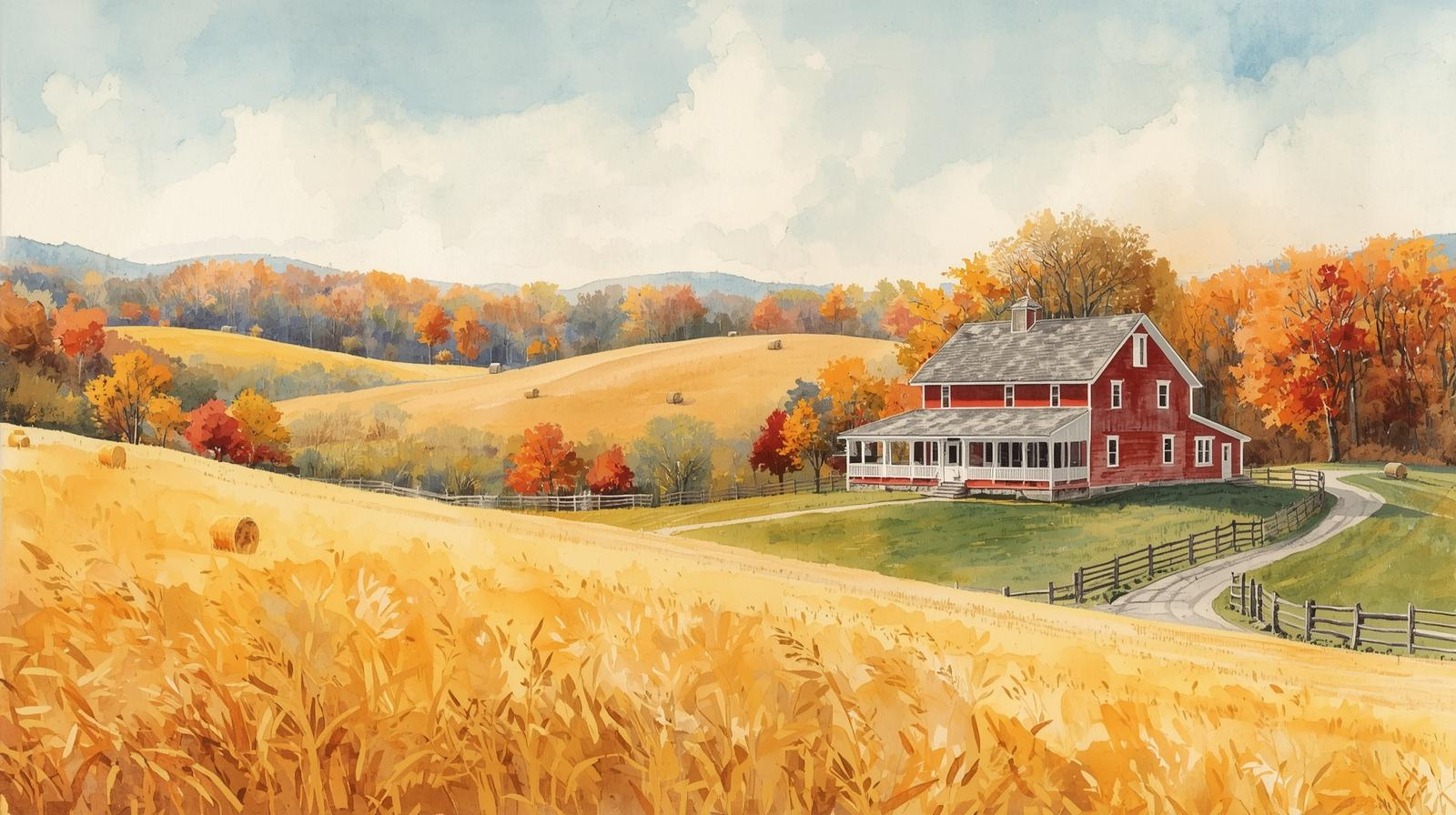 Watercolor painting of a Missouri family farm in autumn, featuring a red barn-style house surrounded by golden fields and colorful trees, symbolizing farm succession planning and family legacy. Farm succession planning in Missouri.