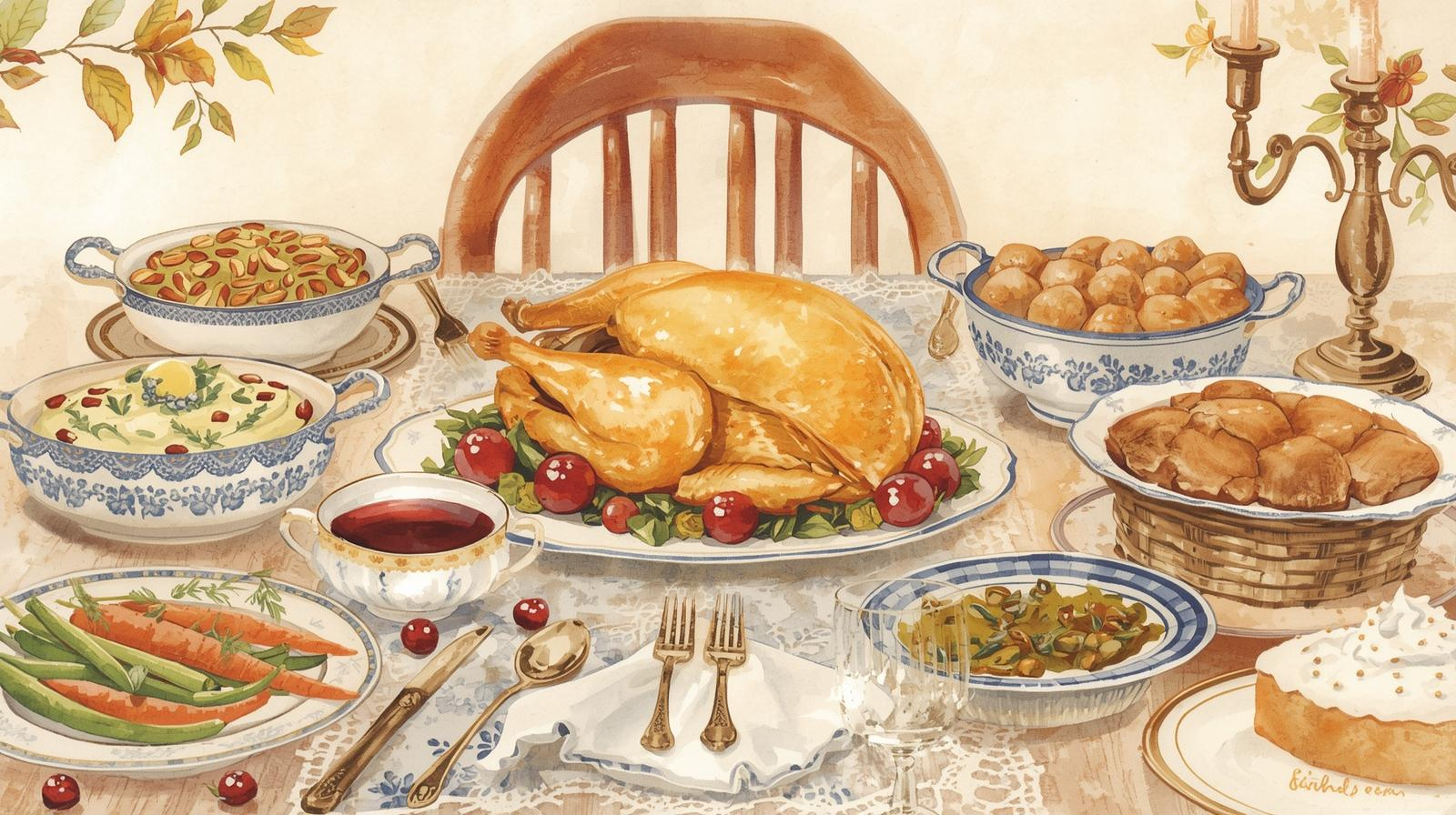 Watercolor Thanksgiving table setting with a roasted turkey, side dishes, and candles, symbolizing family togetherness and gratitude. Estate planning for young families in Missouri.