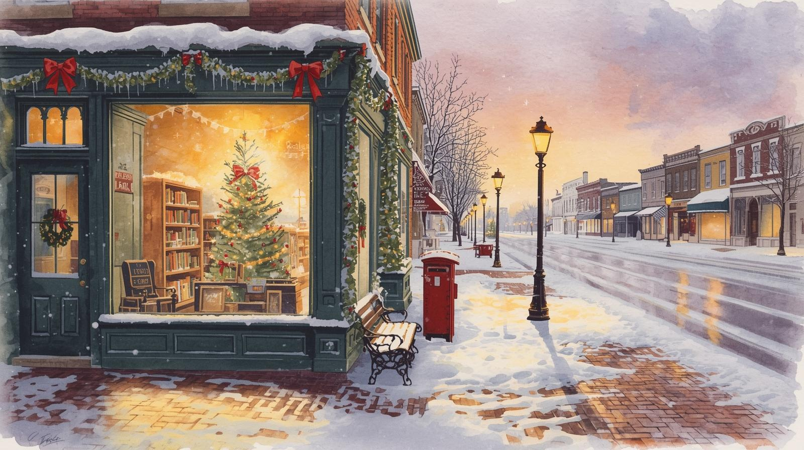 Watercolor illustration of a quiet Missouri main street in winter with snow-covered sidewalks, warm storefront lights, and a small business decorated for the holidays, symbolizing year-end reflection and planning for business owners. Year-end business estate planning in Missouri.