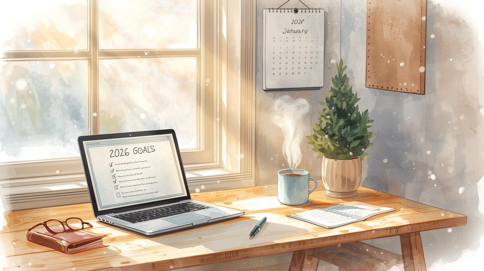 A softly lit watercolor-style workspace with a laptop displaying 2026 goals, a January calendar on the wall, a notebook, pen, coffee mug, and plant by a window, representing thoughtful planning at the start of the new year. Estate planning resolutions for 2026 help professionals start the year with clarity, organization, and long-term protection.
