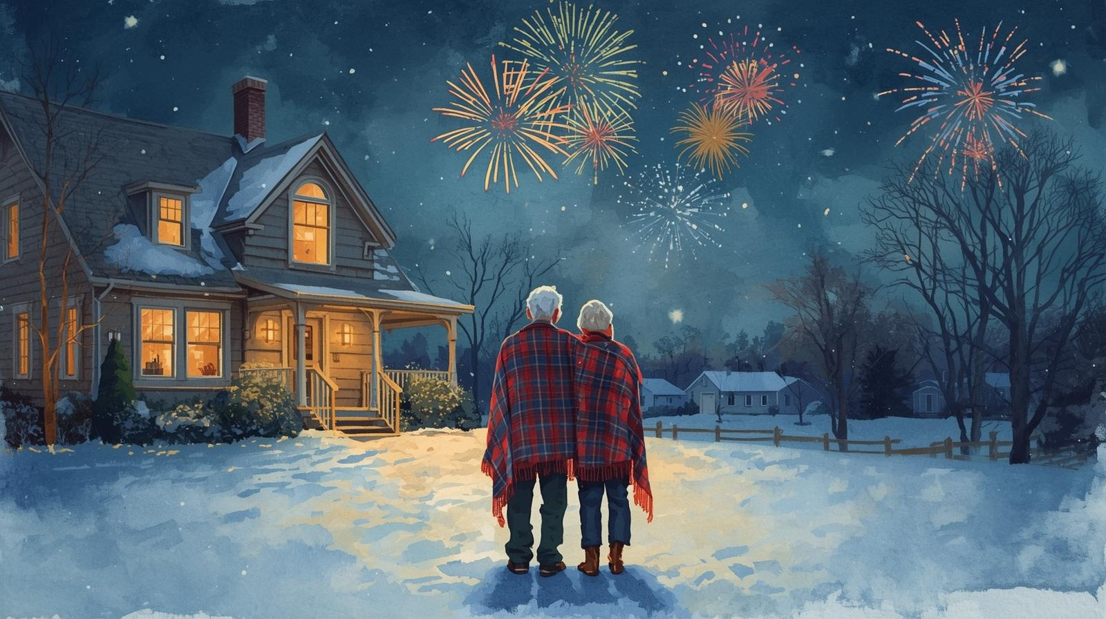 Illustration of an older couple standing together in a snowy yard, wrapped in blankets, watching New Year’s fireworks above their warmly lit home, symbolizing reflection, legacy, and the transition into a new chapter of life. Estate planning legacy strategies for empty nesters in Missouri.
