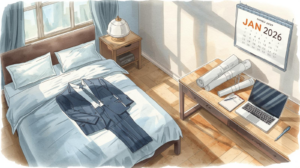 An engineer’s bedroom in early January with a neatly made bed, a suit laid out for the day, and a workspace featuring blueprints, a laptop, and a notebook, symbolizing planning, precision, and preparing for the year ahead. Estate Planning for Engineers.