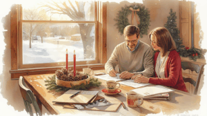 A couple sits at their dining table reviewing and signing estate planning documents together, with holiday candles, coffee mugs, and winter scenery visible through the window, creating a warm year-end planning atmosphere. Year-End Estate Planning Checklist in Missouri.