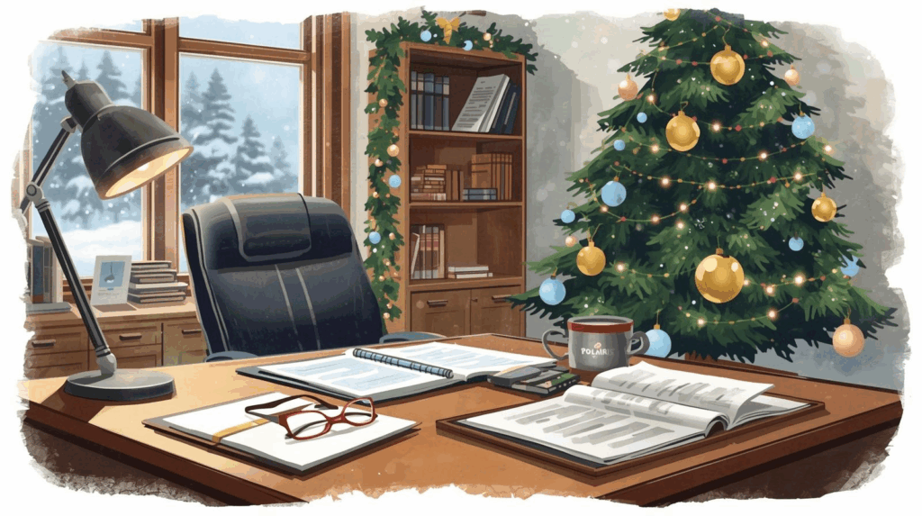A cozy law office decorated for the holidays with a Christmas tree, open legal documents on the desk, and a snowy winter landscape outside the window. When to update your estate plan in Missouri