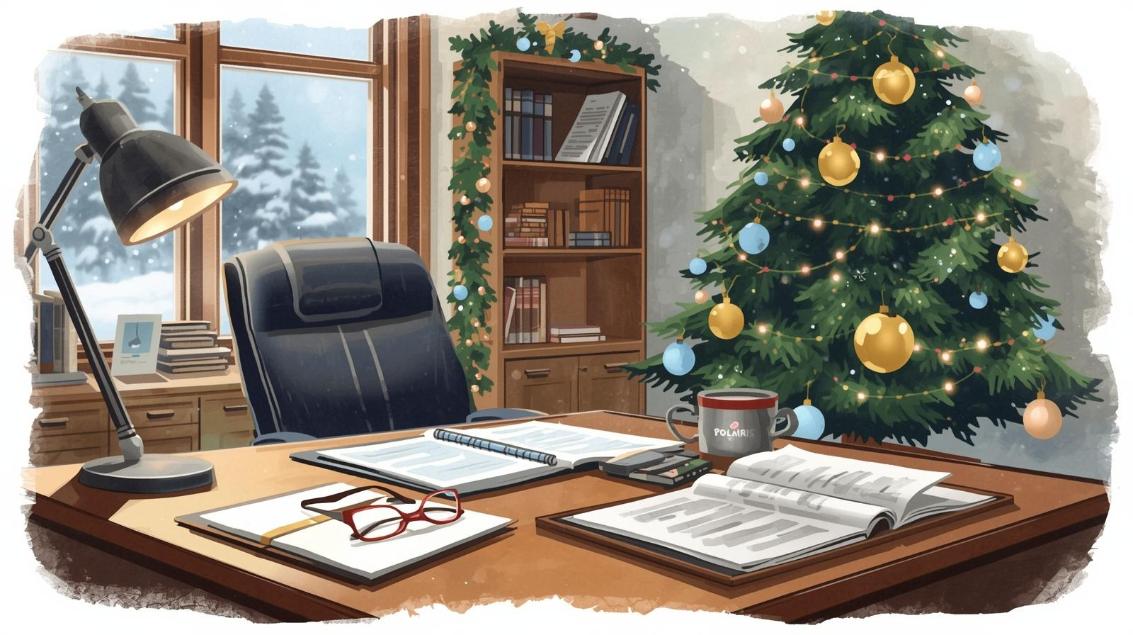 A cozy law office decorated for the holidays with a Christmas tree, open legal documents on the desk, and a snowy winter landscape outside the window. When to update your estate plan in Missouri