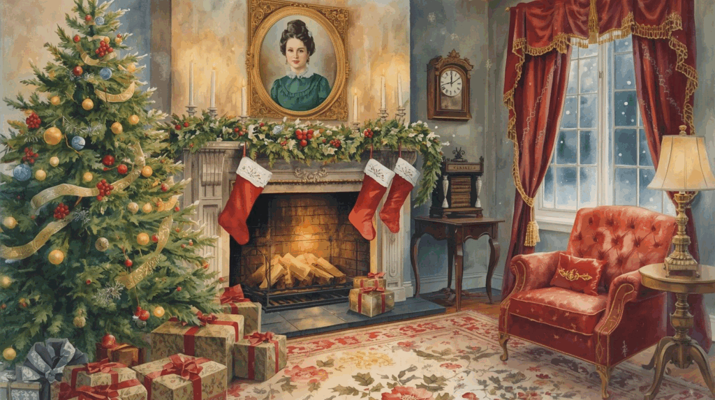 A warmly decorated living room with a Christmas tree, fireplace, stockings, wrapped gifts, and soft candlelight creates a peaceful holiday atmosphere centered on comfort, reflection, and legacy. Charitable Giving Through Estate Planning in Missouri.