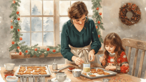 A mother and young daughter decorate Christmas cookies together in a cozy kitchen, with snow falling outside the window and festive garland and wreaths hanging in the background. Estate Planning for Young Families in Missouri.