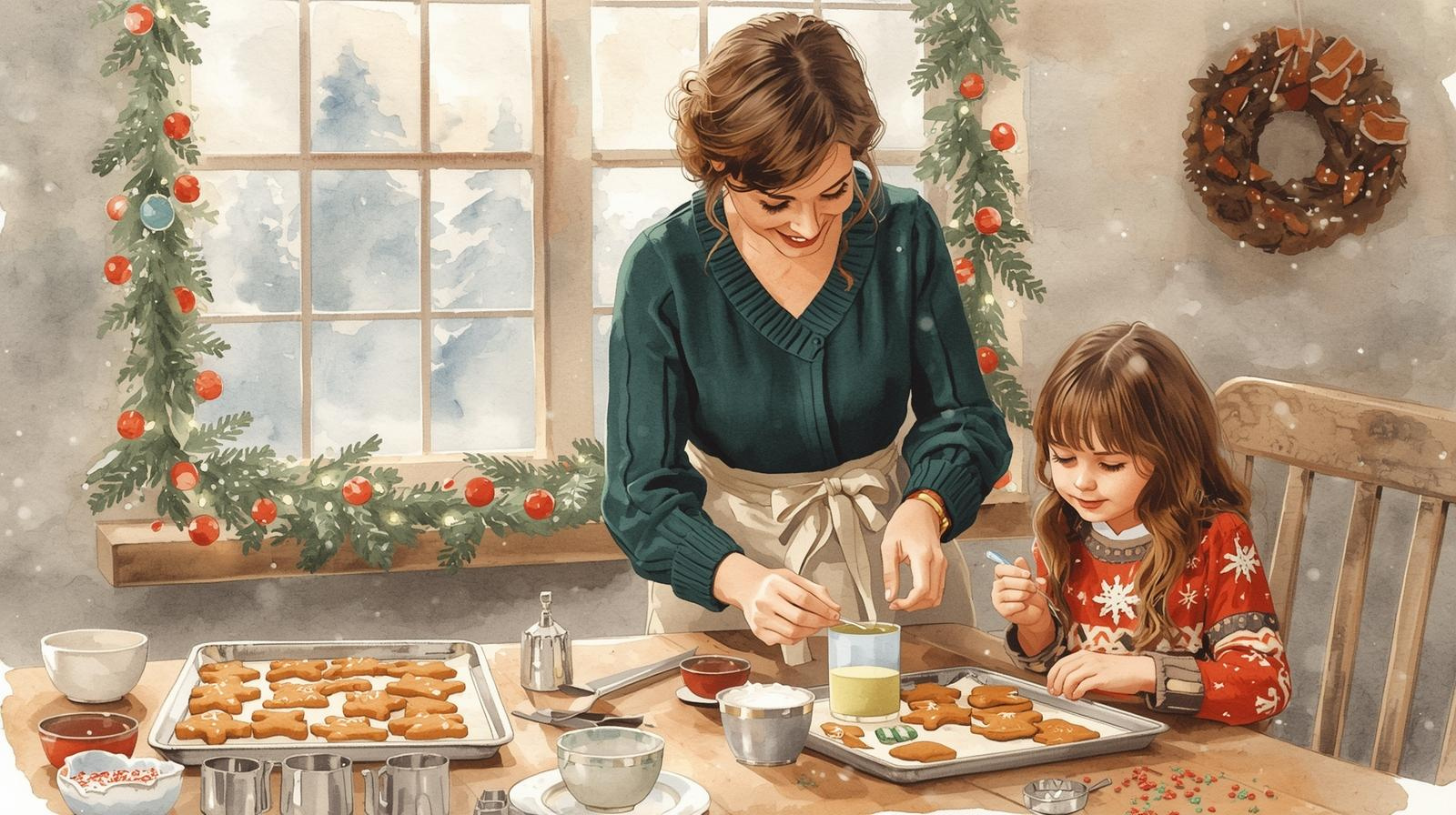 A mother and young daughter decorate Christmas cookies together in a cozy kitchen, with snow falling outside the window and festive garland and wreaths hanging in the background. Estate Planning for Young Families in Missouri.