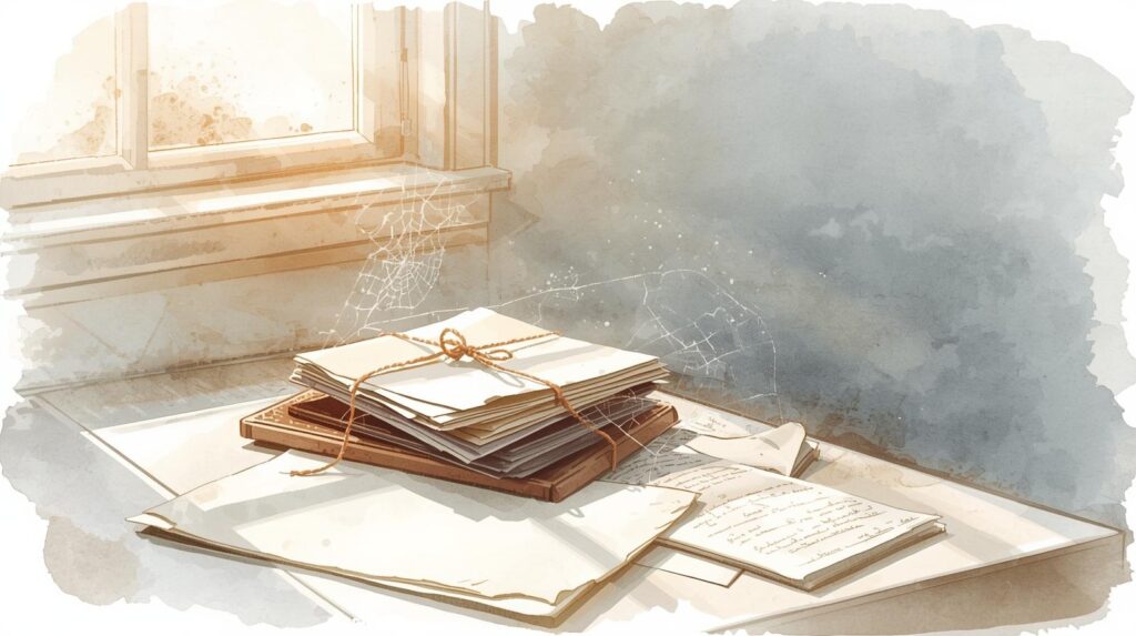 Watercolor illustration of an old stack of legal documents tied with string sitting near a sunlit window, with cobwebs forming around the papers to show age and neglect. Missouri Medicaid Asset Protection.