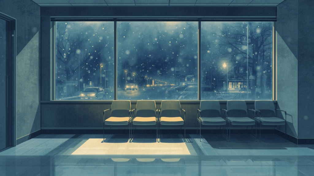 Hospital waiting room chairs facing a snowy night through large glass windows, evoking a sense of urgency and uncertainty during a healthcare crisis. Missouri Crisis Medicaid Planning.