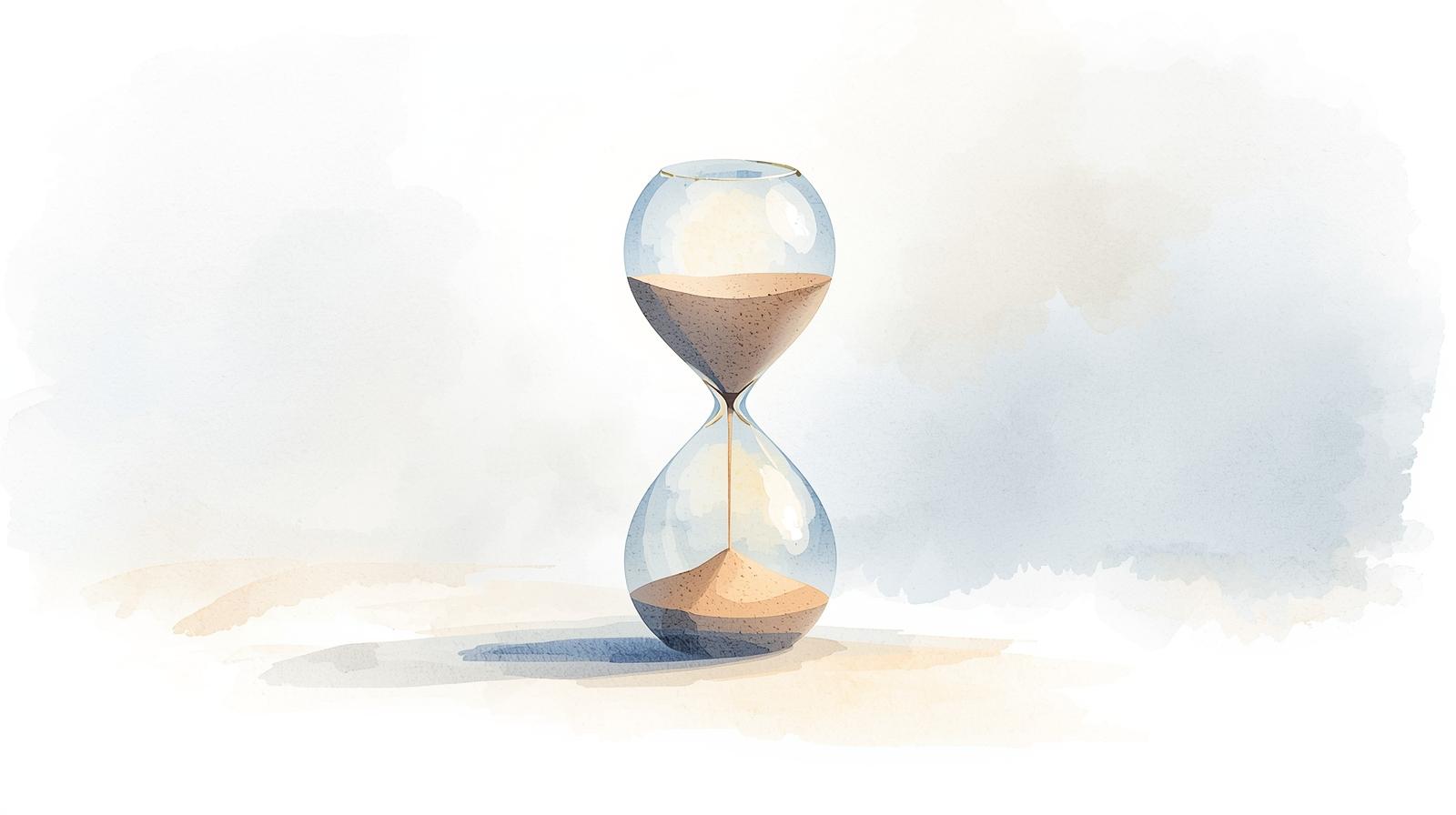 Watercolor illustration of an hourglass with sand running out, symbolizing urgency and limited time for long-term care planning. Missouri Medicaid Asset Protection.