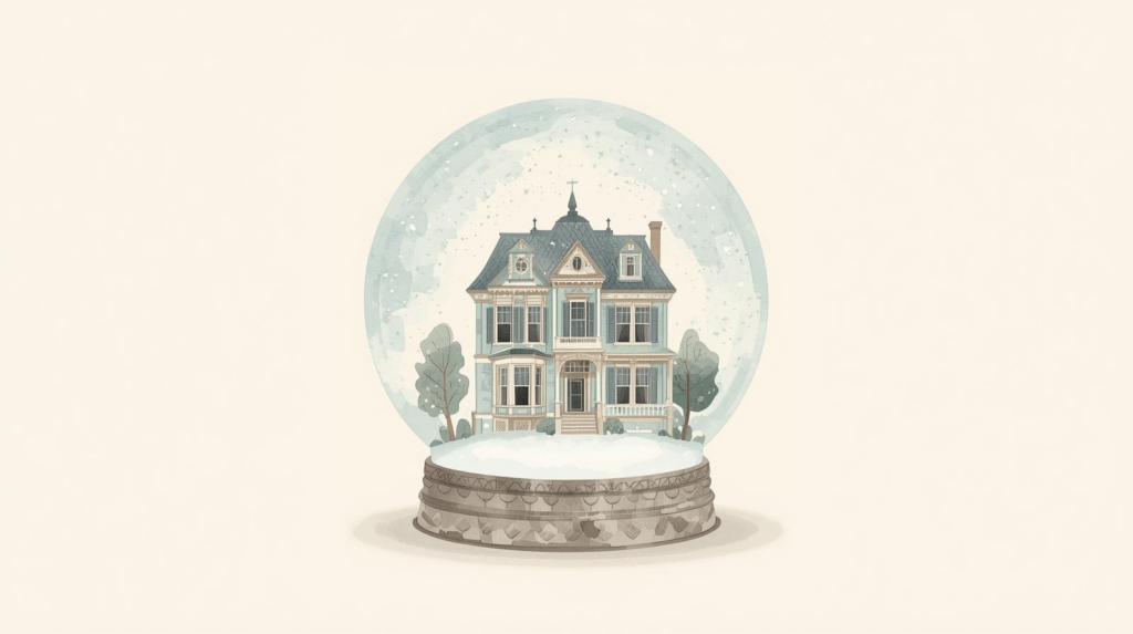 Watercolor illustration of a Victorian style home inside a glass snow globe with trees and falling snow, symbolizing protection and preservation of a family residence. Missouri Medicaid Planning 2026.